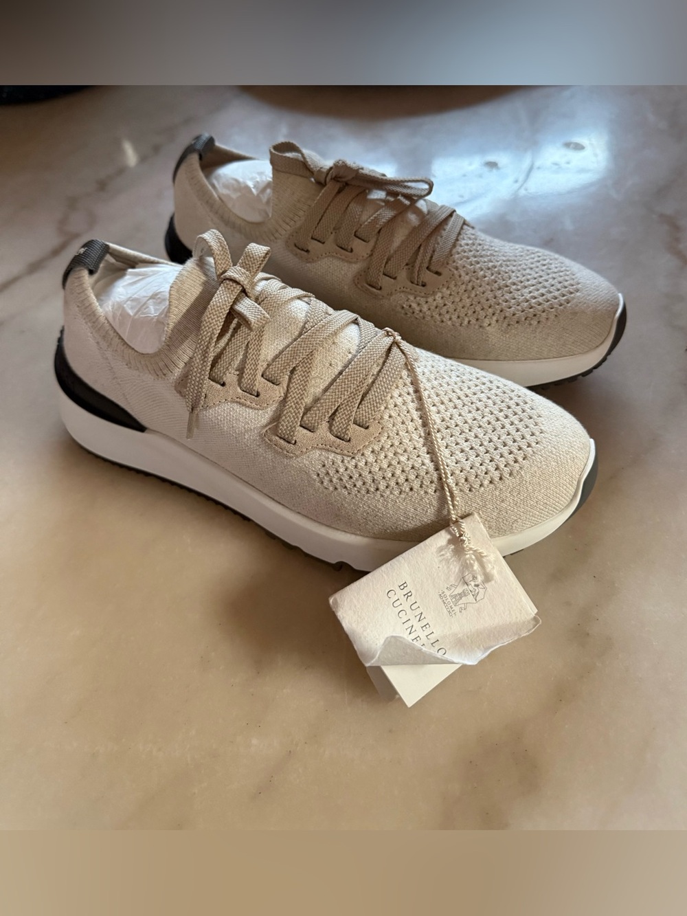 Brunello Cucinelli Light Beige Knit Lace-Up Sneakers